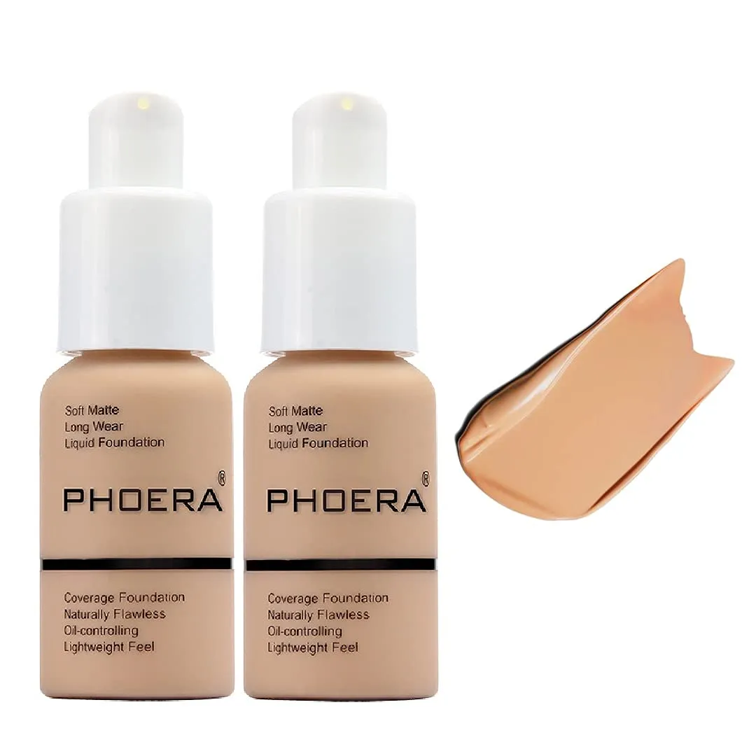 2 Pack PHOERA Foundation,Flawless Soft Matte Liquid Foundation,Durable Waterproof Oil Control Concealer Foundation Makeup.(104 Buff Beige)