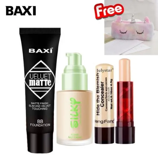 Baxi Pack Of 4 Hot Makeup Face Blush Contour Highlighter beautifing Velvet Matte BB Foundation Baxi Silkp Clear Liquid Foundation. And Miracle Face & Free Gift