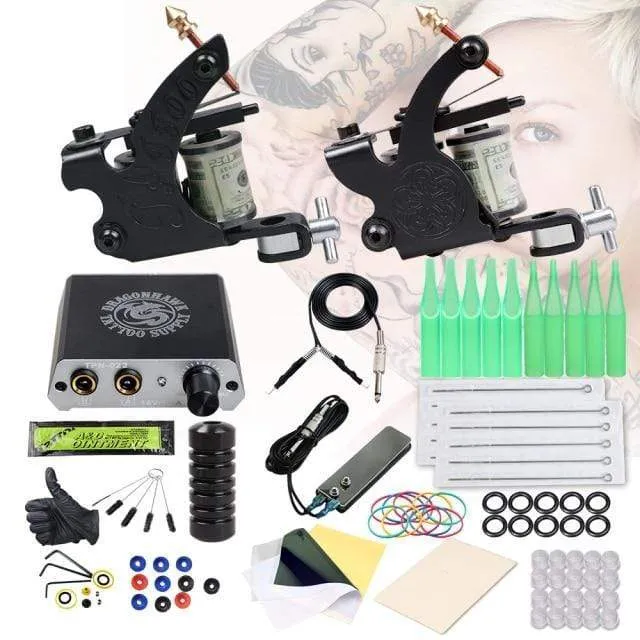 Beginner Complete Tattoo Kit 2 Machines Gun Set Power Supply Grips Body Art Tools Set Permanent Makeup Tattoo set