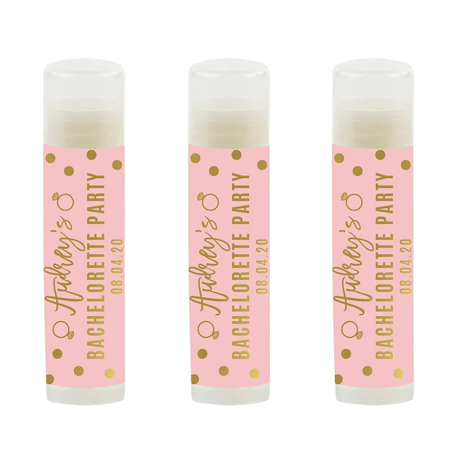 Blush Pink and Metallic Gold Confetti Polka Dots Bachelorette Collection, Personalized Lip Balm Favors, Custom Name and Date