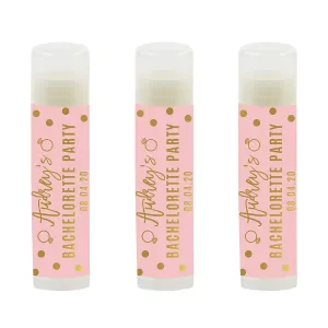 Blush Pink and Metallic Gold Confetti Polka Dots Bachelorette Collection, Personalized Lip Balm Favors, Custom Name and Date