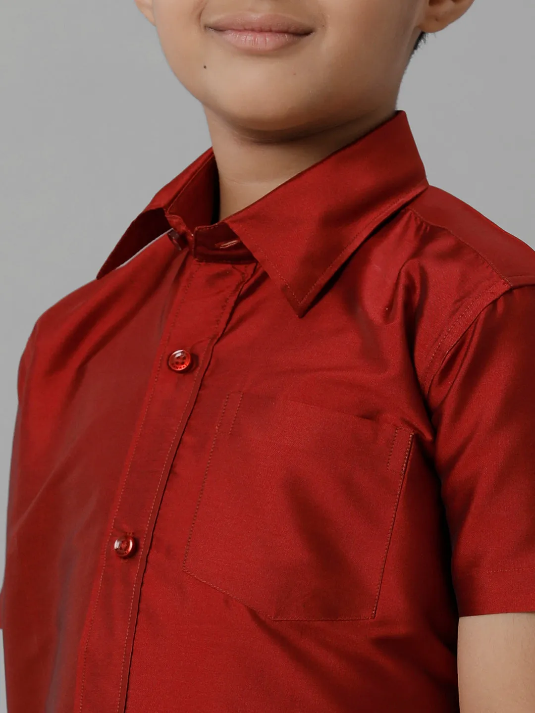 Boys Silk Cotton Red Half Sleeves Shirt with Adjustable Cream Dhoti Combo K8