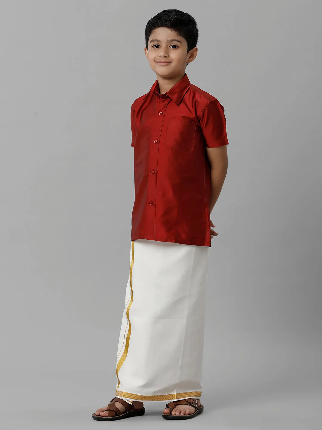 Boys Silk Cotton Red Half Sleeves Shirt with Adjustable Cream Dhoti Combo K8