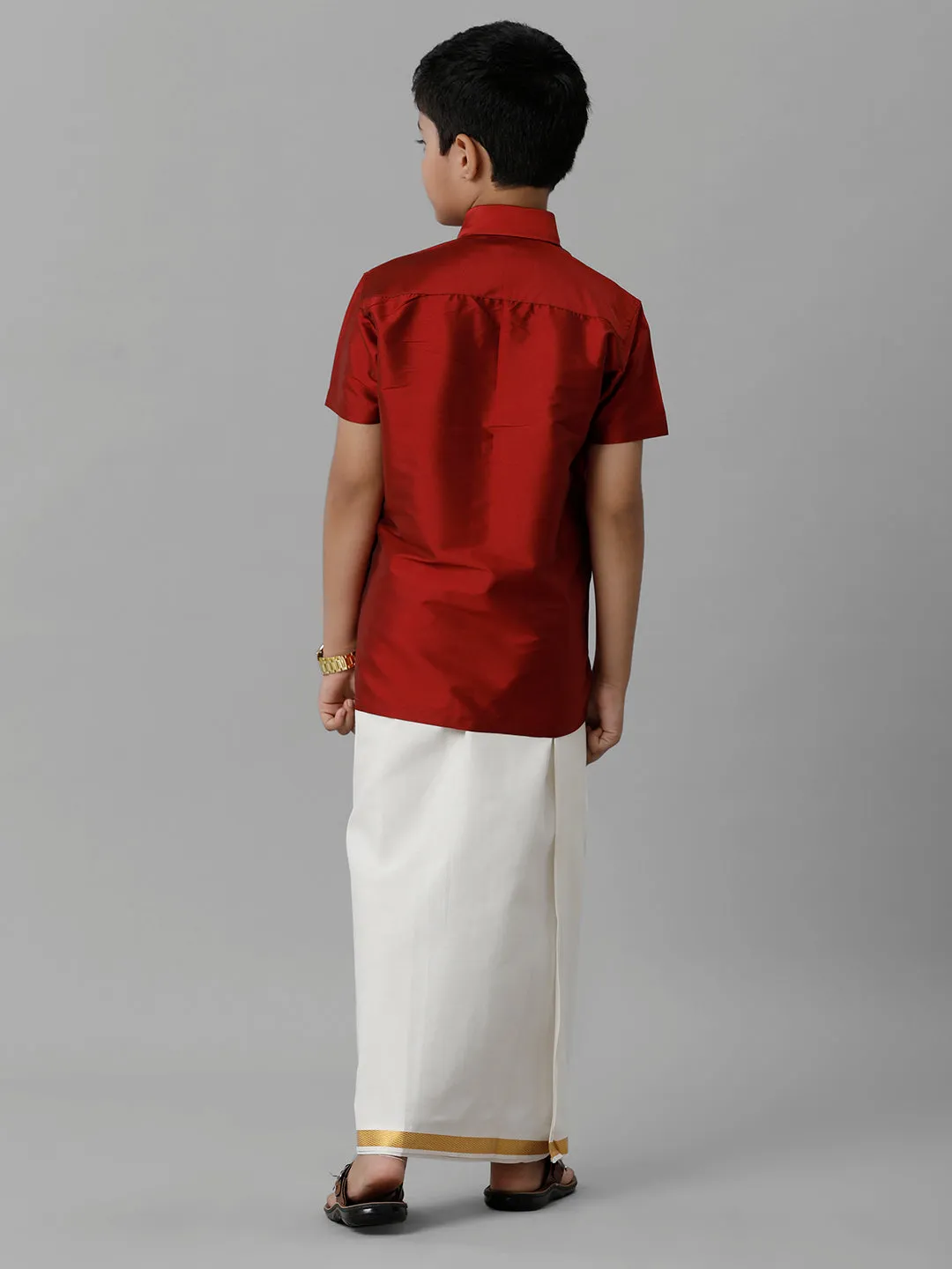 Boys Silk Cotton Red Half Sleeves Shirt with Adjustable Cream Dhoti Combo K8