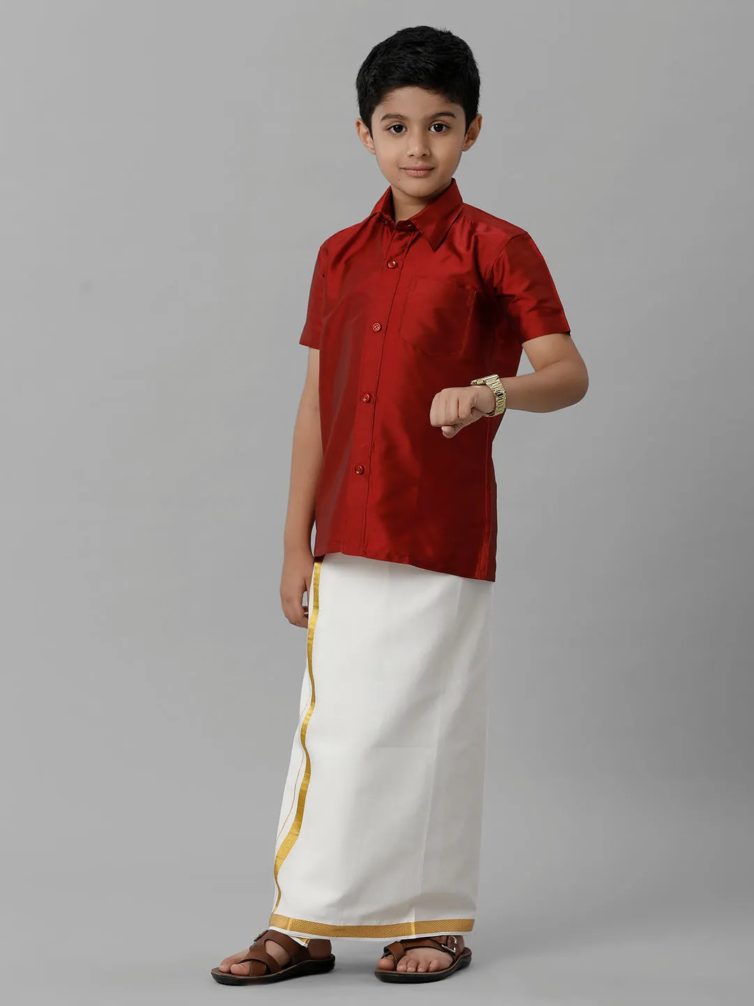 Boys Silk Cotton Red Half Sleeves Shirt with Adjustable Cream Dhoti Combo K8