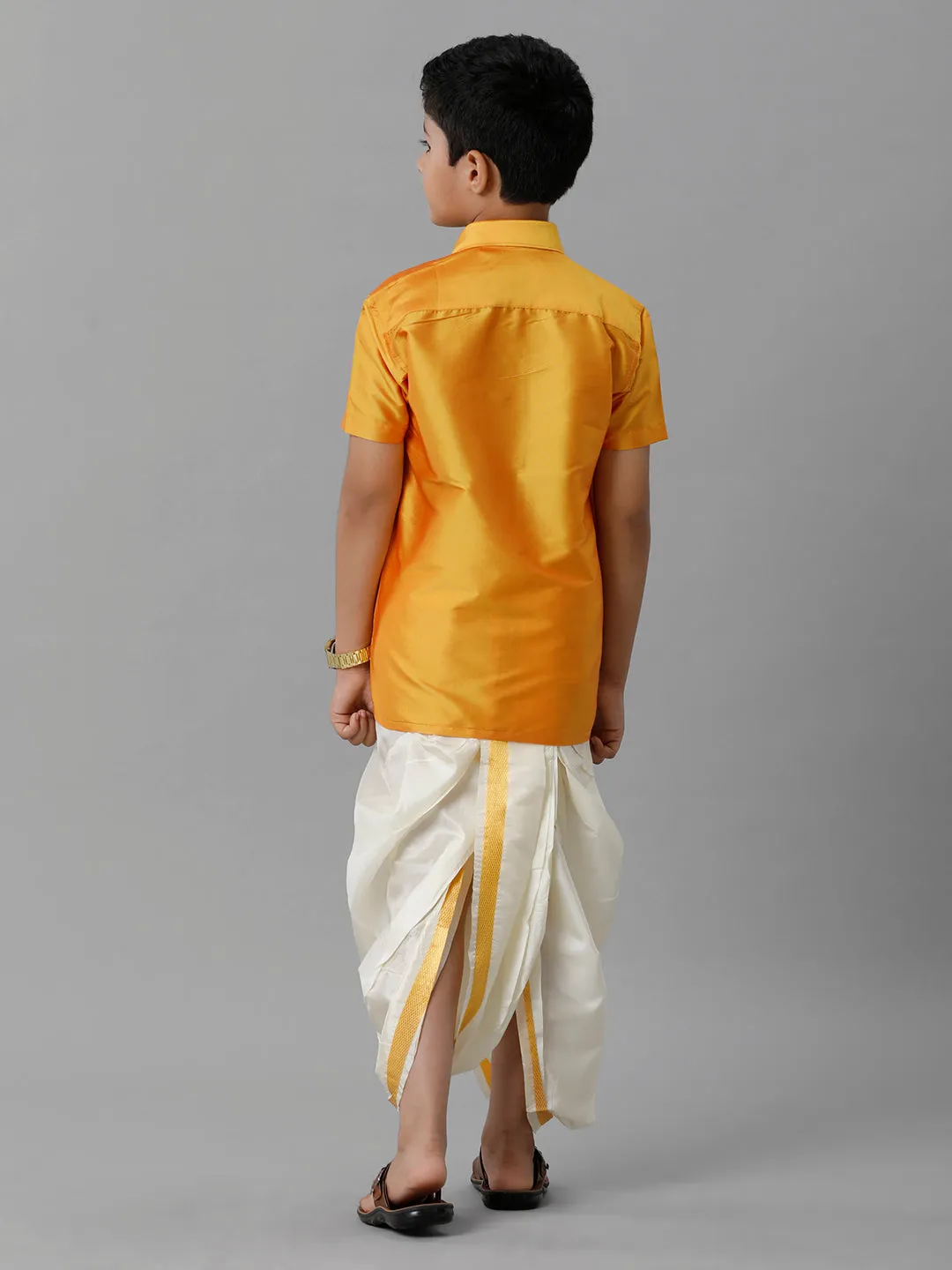 Boys Silk Cotton Yellow Half Sleeves Yellow Shirt with Soft Silk Panchakacham Combo K6