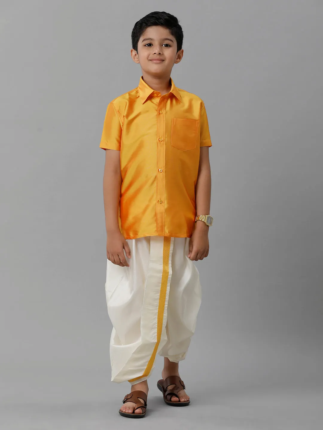 Boys Silk Cotton Yellow Half Sleeves Yellow Shirt with Soft Silk Panchakacham Combo K6