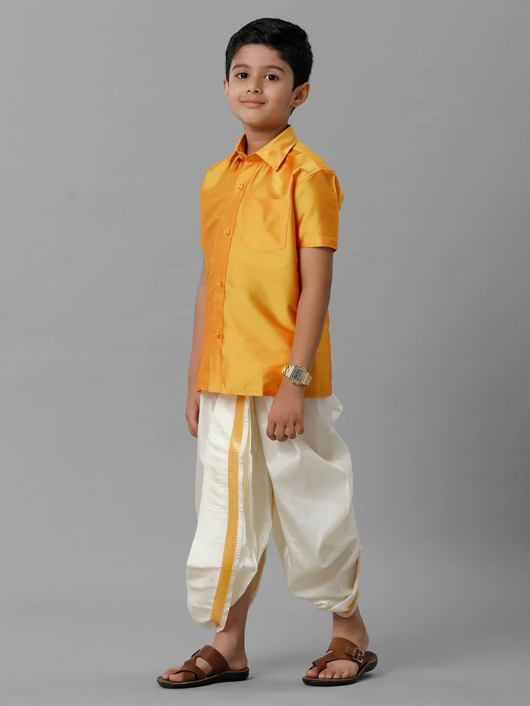 Boys Silk Cotton Yellow Half Sleeves Yellow Shirt with Soft Silk Panchakacham Combo K6