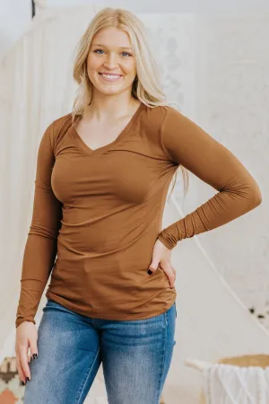 Classic Basic V Neck Long Sleeve Top in Brown