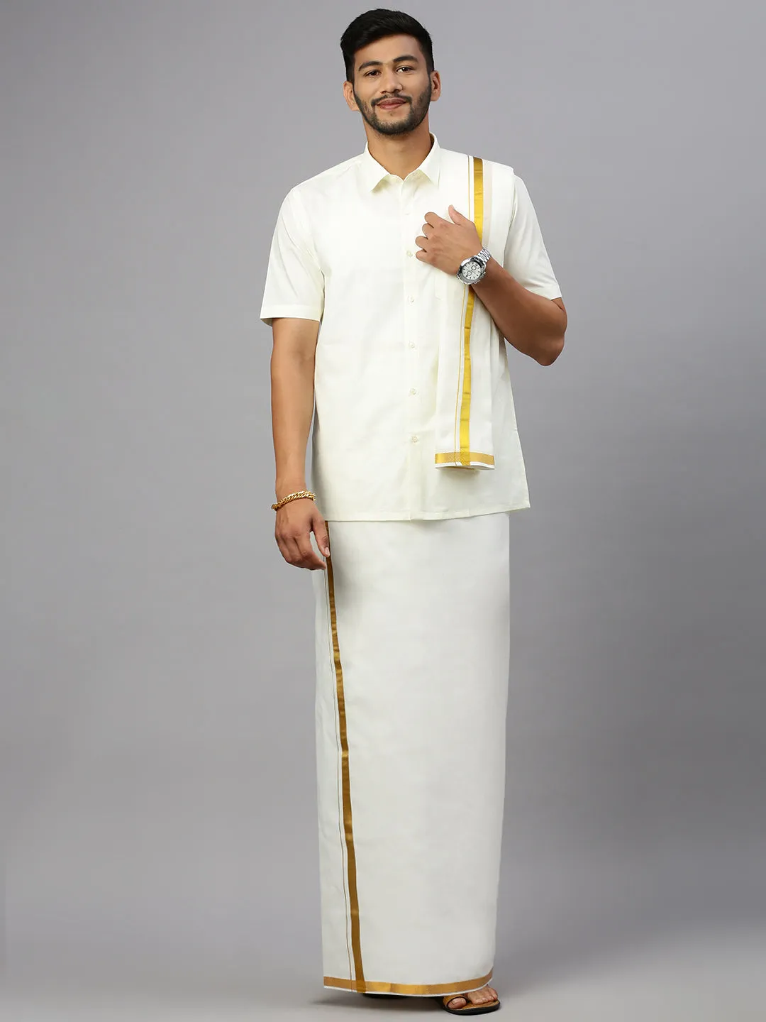 Like Father Like Son Cream Half Sleeves Shirt Dhoti & Towel Set Combo