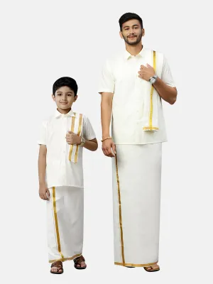 Like Father Like Son Cream Half Sleeves Shirt Dhoti & Towel Set Combo