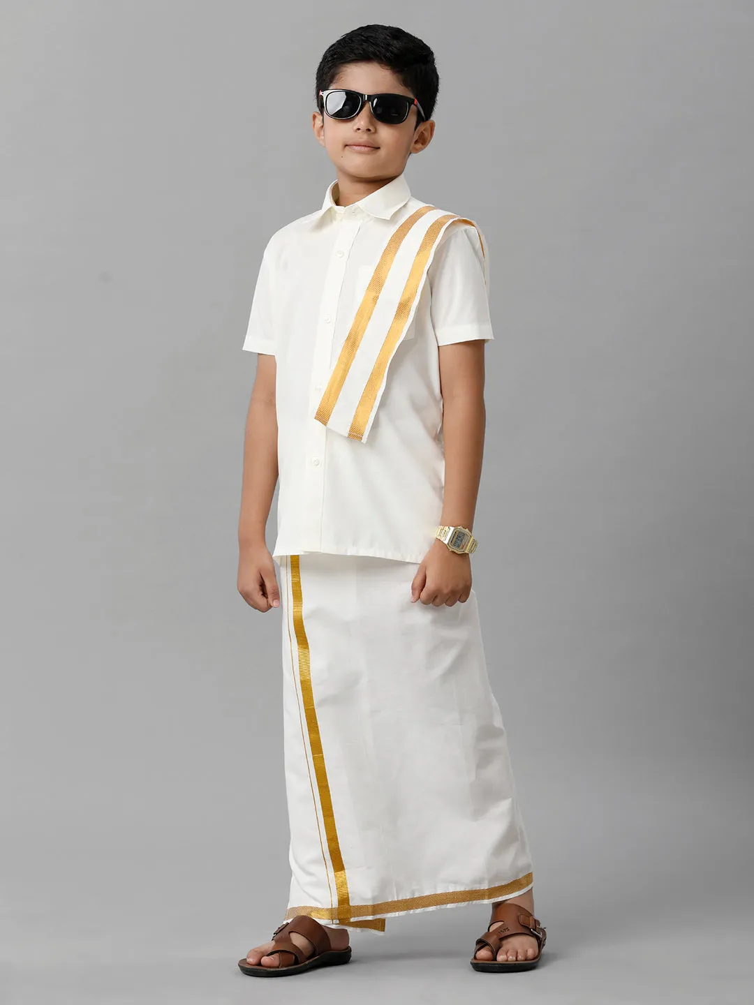 Like Father Like Son Cream Half Sleeves Shirt Dhoti & Towel Set Combo