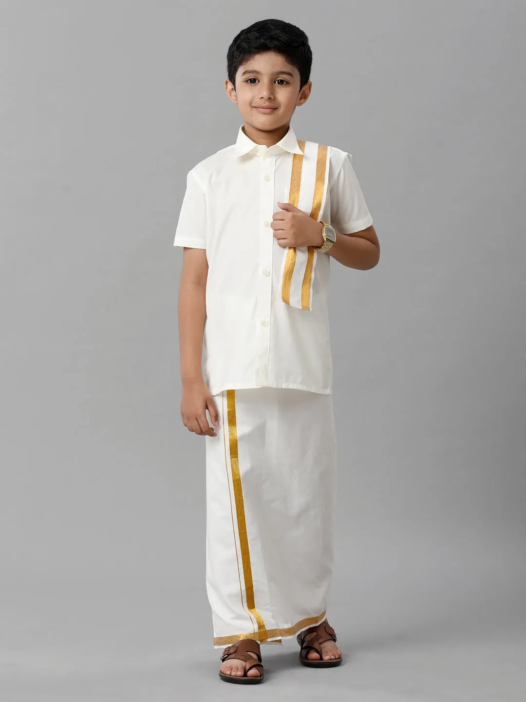 Like Father Like Son Cream Half Sleeves Shirt Dhoti & Towel Set Combo