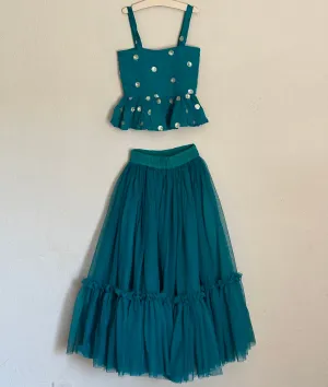 Spaghetti Peplum Crop Top and Soft Net Tired Skirt | 3-4 Yrs