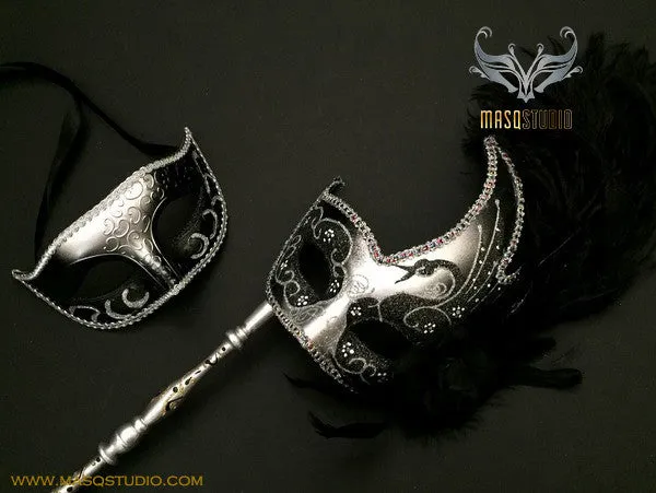 Venetian Couple Feather Masquerade Stick Mask Set Black Silver