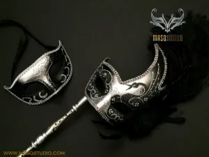 Venetian Couple Feather Masquerade Stick Mask Set Black Silver