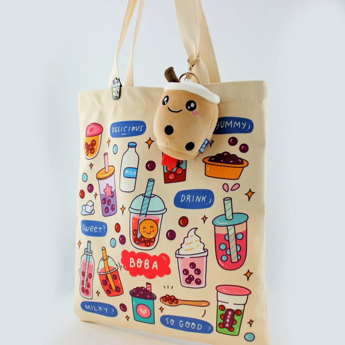 Women Tote Bag, Flannel Boba Bag Print on Both Sides, Bubble Tea Tote Bag